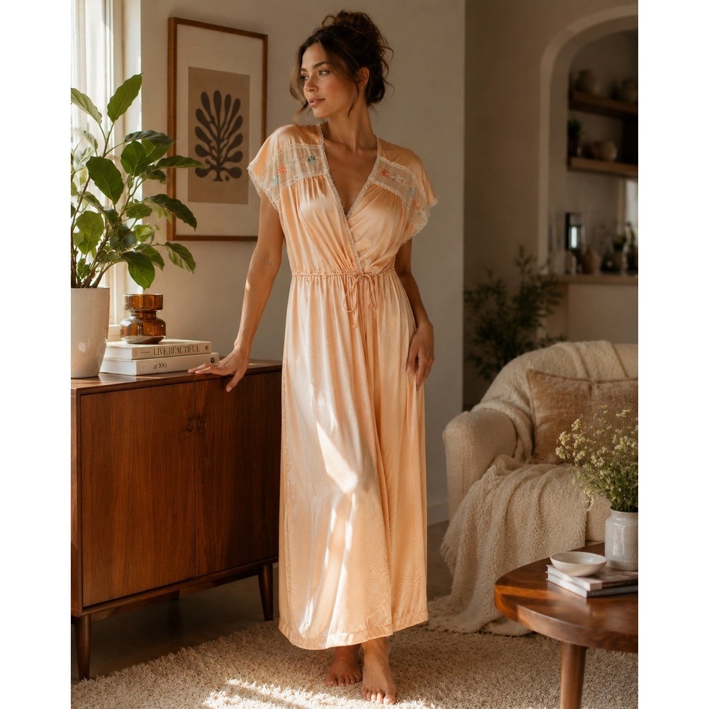 Vintage Jolie Two‎ Sz Small Nightgown Peach Short Sleeve Floral Embroidered Robe